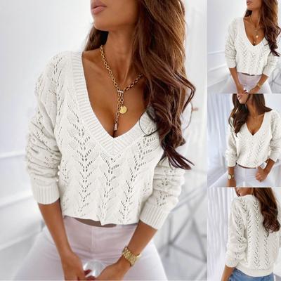 Women's  And Winter Fashion Solid Color Hollow V-Neck Long Sleeve Knit Sweater
