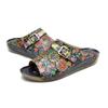 Johnature Chaussures d'été pour femmes, pantoufles d'extérieur en cuir véritable, sandales plates confortables rétro peintes à la main, nouvelle collection 2023