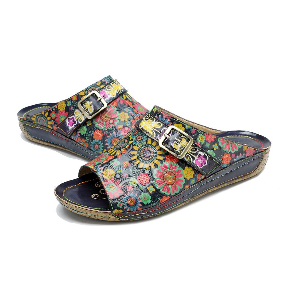 Johnature Chaussures d'été pour femmes, pantoufles d'extérieur en cuir véritable, sandales plates confortables rétro peintes à la main, nouvelle collection 2023