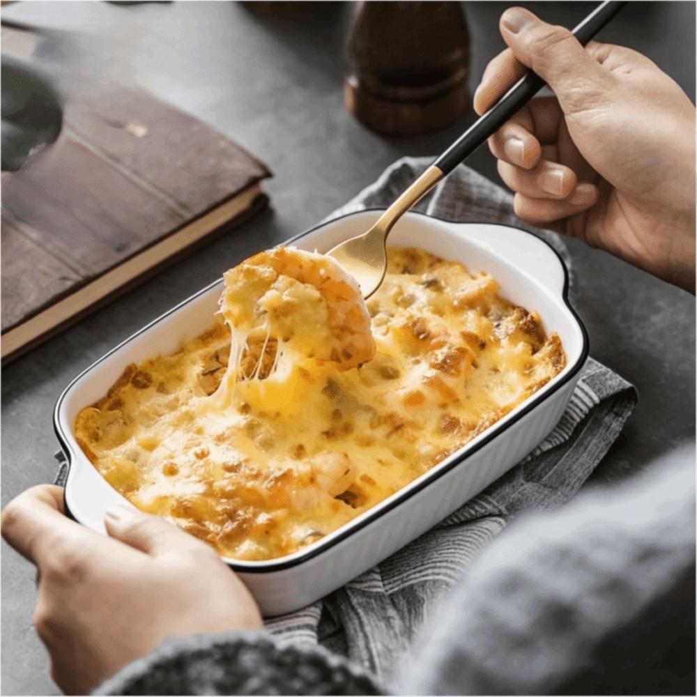 2-teiliges rechteckiges Keramik-Backblech mit zwei Griffen, Streifenmuster, Käse-Risotto-Backform, Backofen
