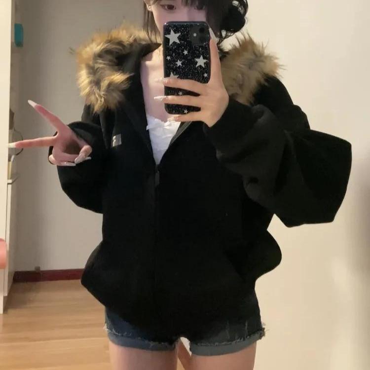 Women Black Thick Zip Up Hoodies Vintage Korean Preppy Style Faux Fur Coat Oversized Casual Sweatshirt Harajuku Autumn Winter