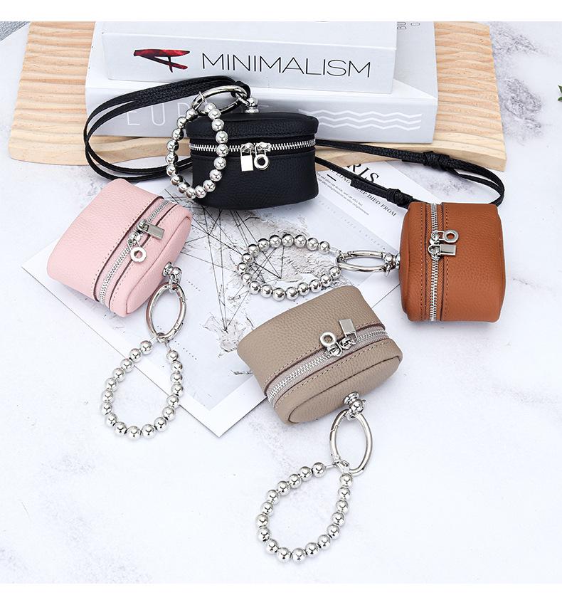Top Grain Cowhide Bag Charm: Compact Coin Purse & Earphone Holder with Lanyard
