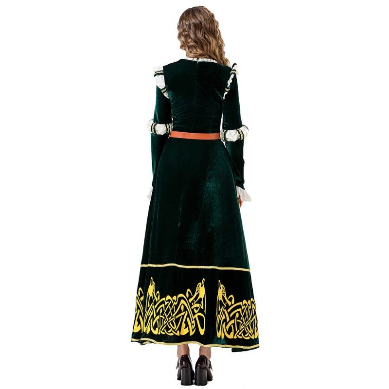 Halloween Costume Medieval Court Style, Retro Dark Green Dress Brave Legend Merida Cosplay