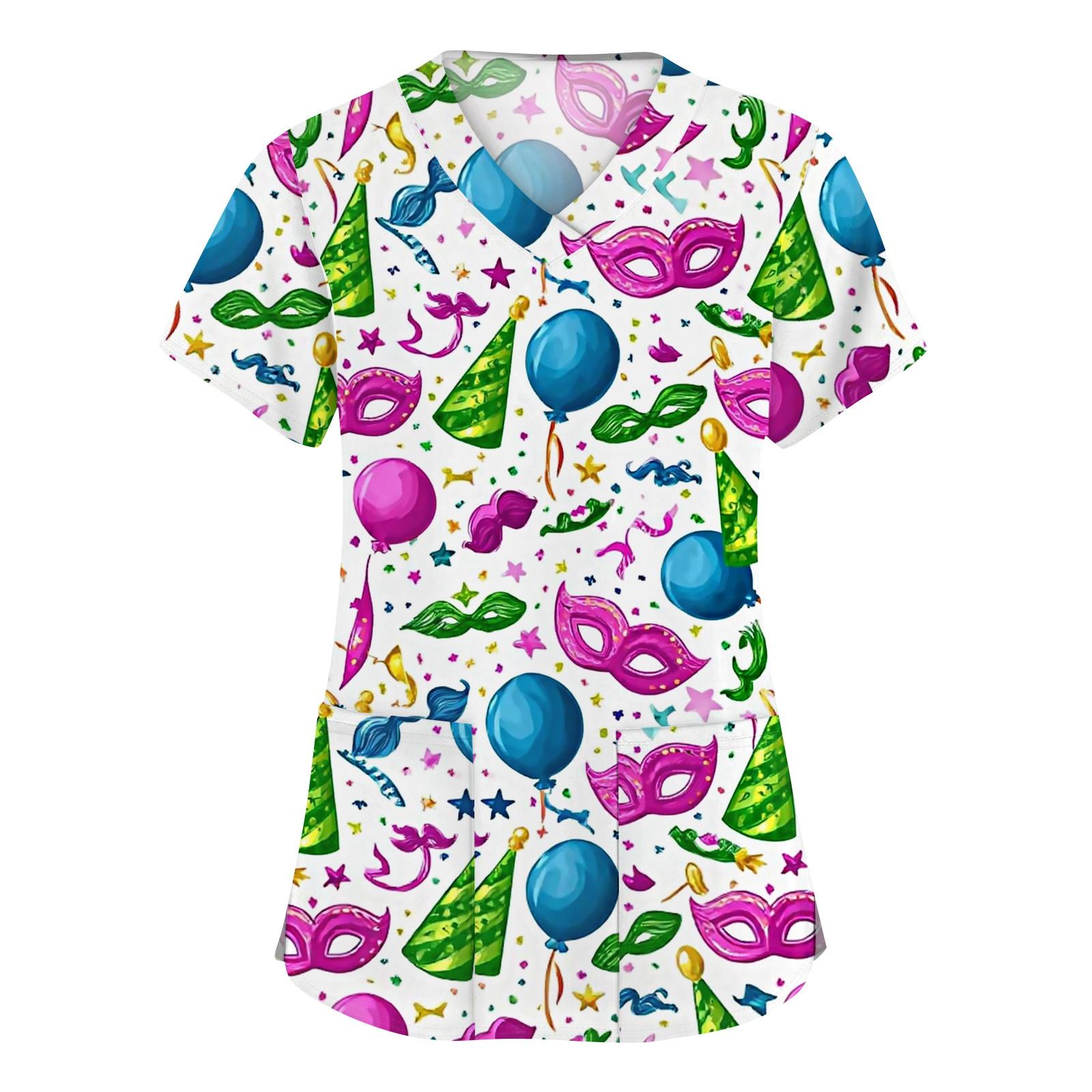 

Women s Fashion V-neck Short Sleeve Workwear With Pockets Printed Tops L