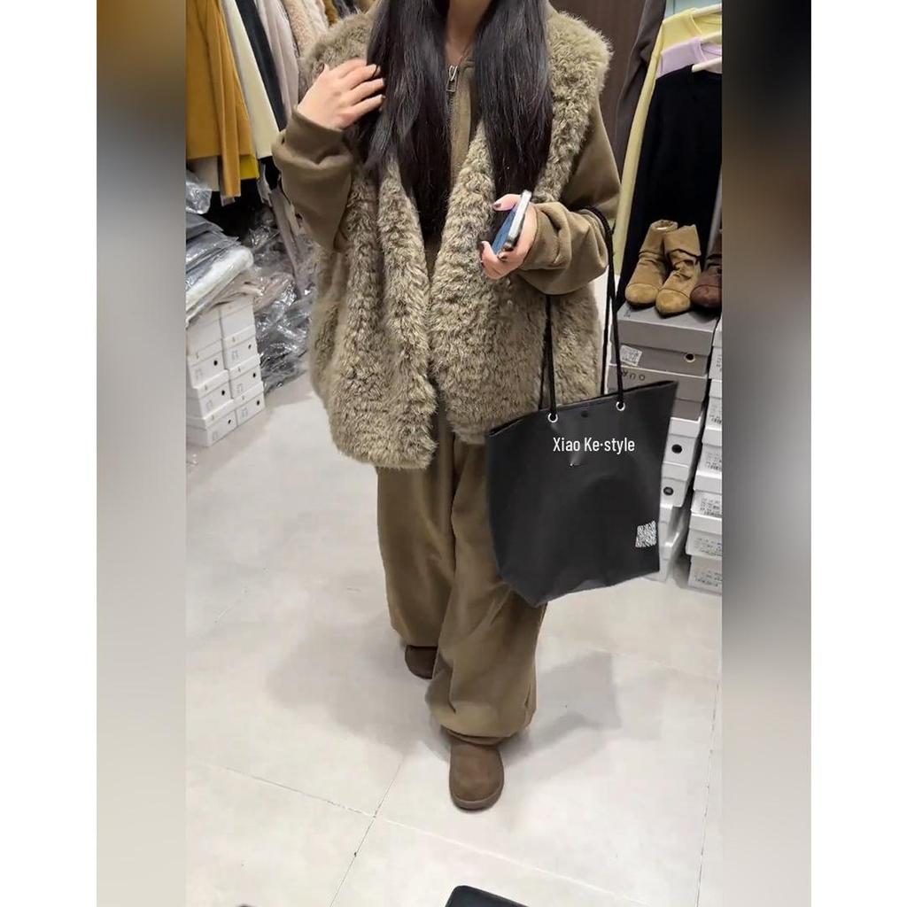 Women's Winter Three-Piece Suit: Melange Style, Plush Vest, Hooded Sweatshirt, Wide-Leg Pants