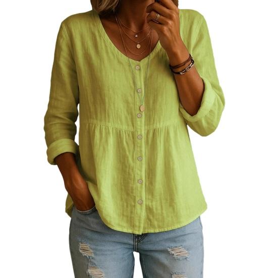 Women Shirt V-Neck Long Sleeve Buttons Placket Shirt Tops A-Line Silhouette Short Front Long Back Hem Casual Shirt