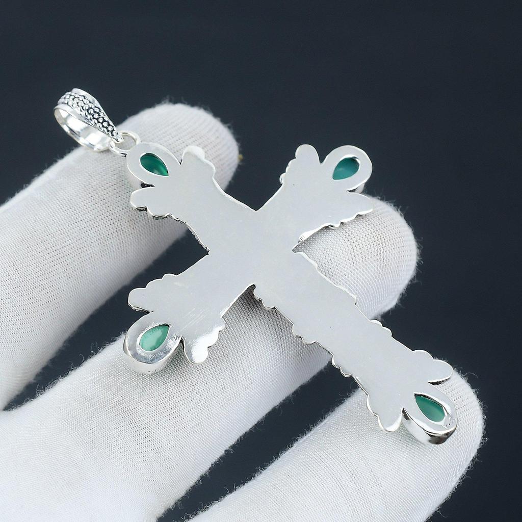 Grön Onyx Ädelsten Hänge Grön Onyx Naturlig Ädelsten Handgjord 925 Sterling Silver Kors Hänge För Gåvor Hänge För Hennes, Dam Smycken