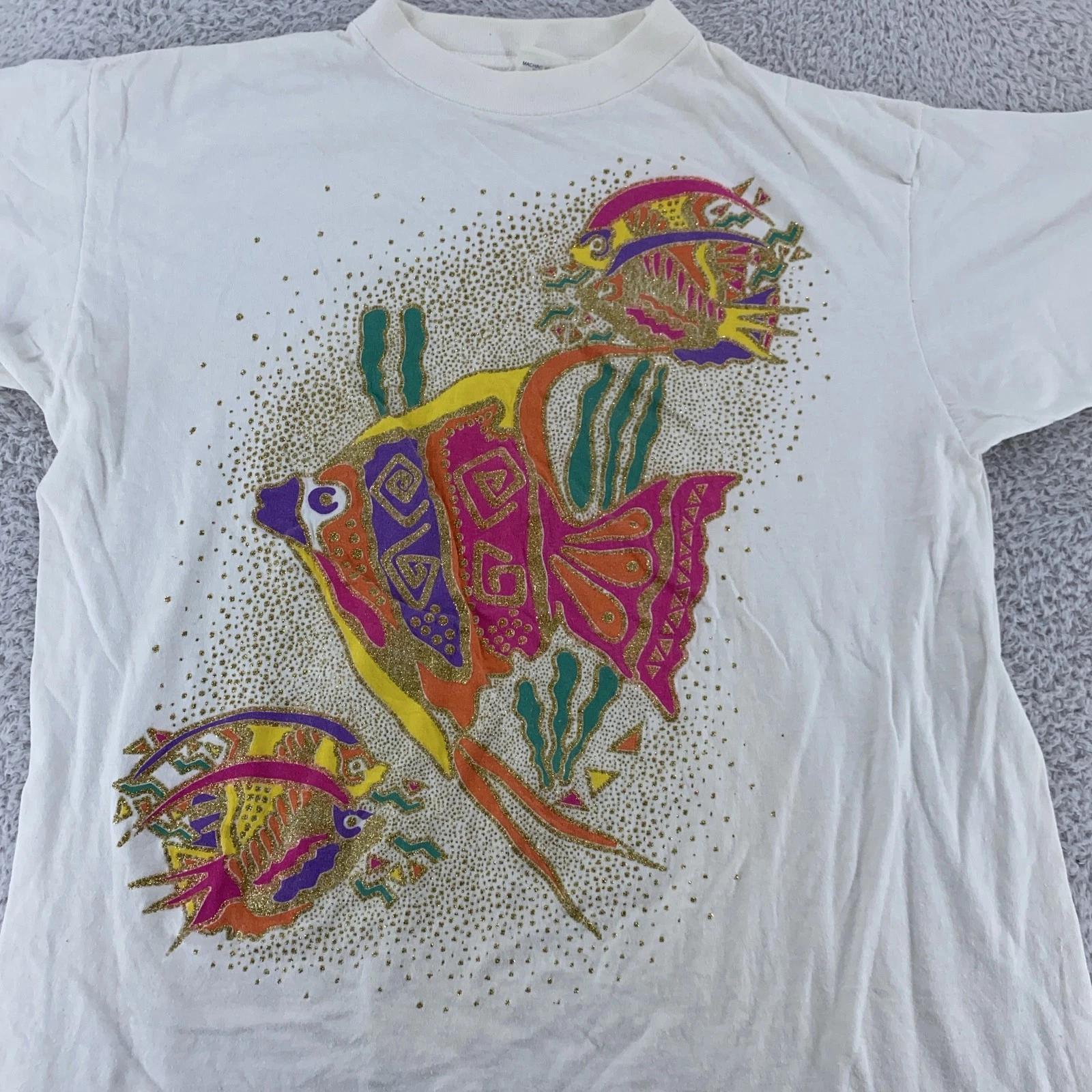 Винтажная футболка 90-х с блестками и изображением тропических рыб Мужская L/XL Белая Разноцветная 4XL