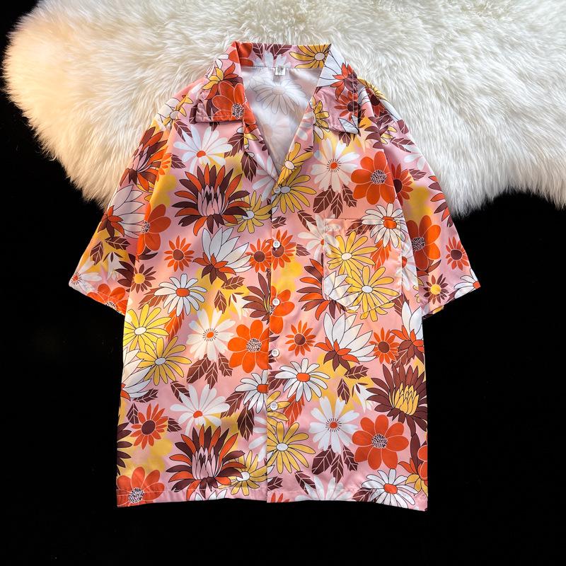 Unisex Vintage Kubakrage Blomsterskjorte - Løs passform, Hong Kong-stil, Kort erm, Perfekt for strand og par