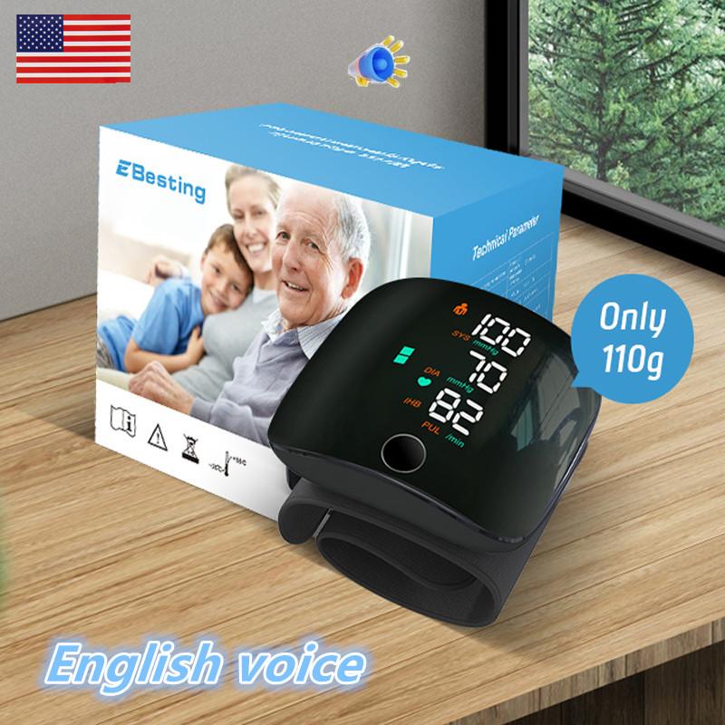 Dobíjecí zápěstní krev s LED obrazovkou Hlasový inteligentní dotykový digitální automatický monitor krevního tlaku Monitor srdeční frekvence Pulz Monitor krevního tlaku