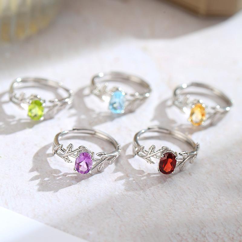 S925 Sterling Silver Natural Crystal Stone Leaf Four-claw Ring Fashion Light Luxury High-end Personality Ring