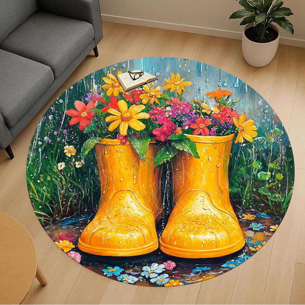 1PC Rain Boots Flowers Office Round Area Rug, Under Office Chairs Bedroom Living Room Home Decor, Carpet for Office -1110091