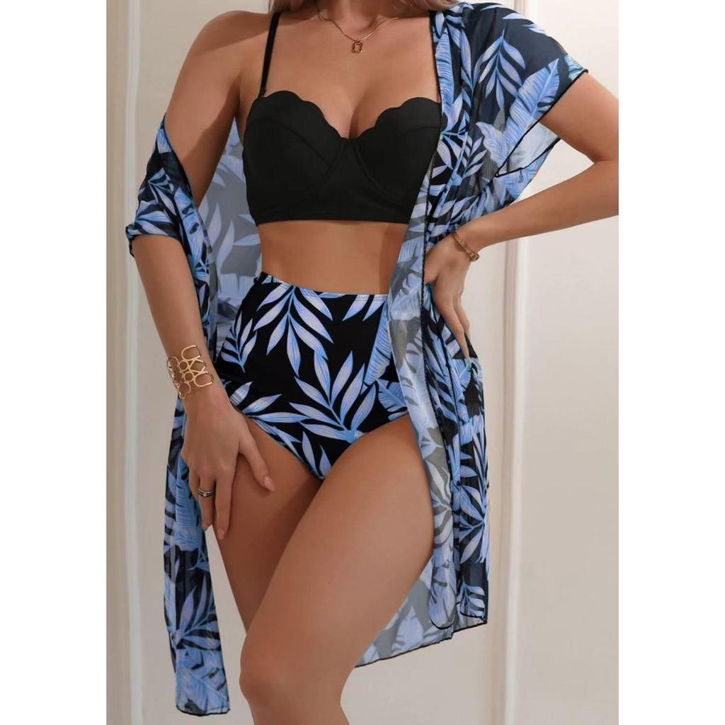 1 Set Badpak Bladprint Hoge Taille Mesh Jas Driehoek Slank Makende Bikini Badpak Dames Set