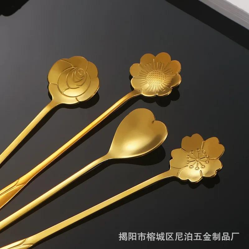 Set de 6 bucăți de linguri de ceai din oțel inoxidabil cu flori de aur, lingură de cafea, miere, desert, linguriță pentru înghețată cu mâner lung, linguriță de masă pentru cafea