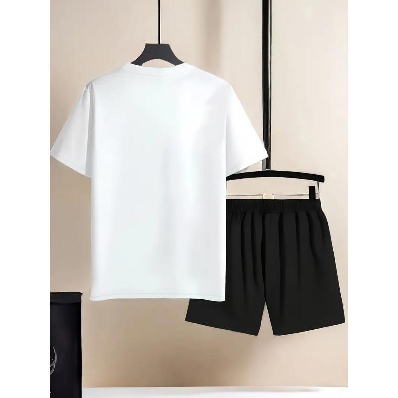 European Size Simple Horse Head Print Men's Short Sleeve T-Shirt and Drawstring Casual Sportswear , Suitable for Spring/Summer