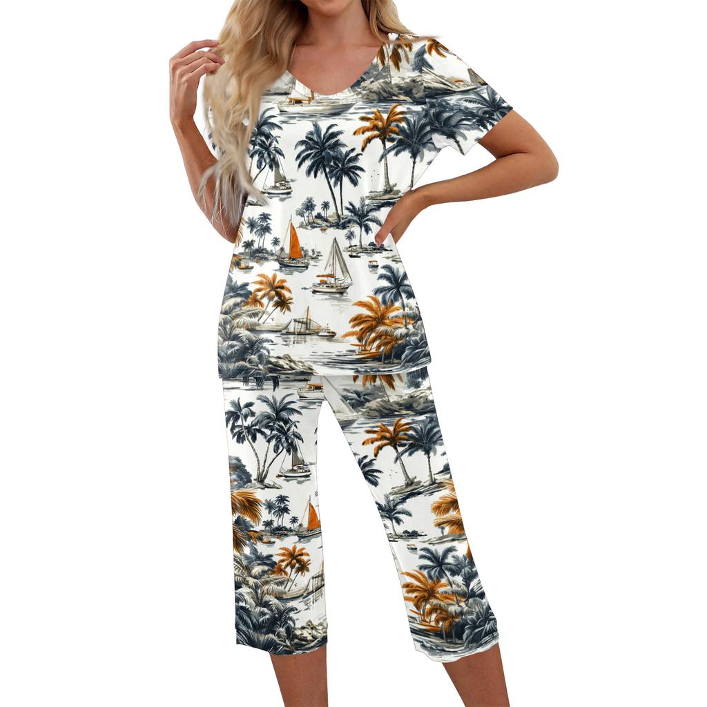 2 Piece Sets For Women Short Sleeve Top And Pants With Pockets Workout Soft  Print Sets