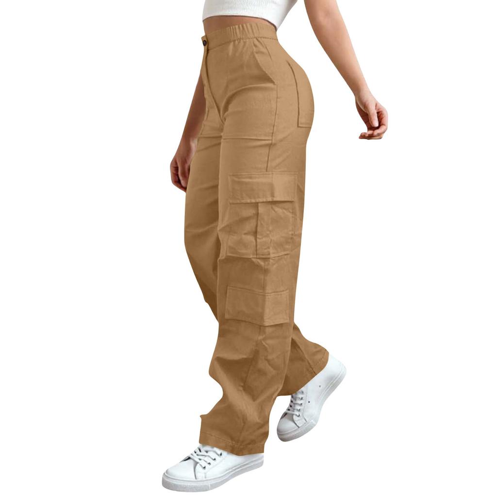 Womens Elastic High Waisted Cargo Pants Stretch Casual Wide Leg Streetwear Parachute Hiking Pants With Pockets