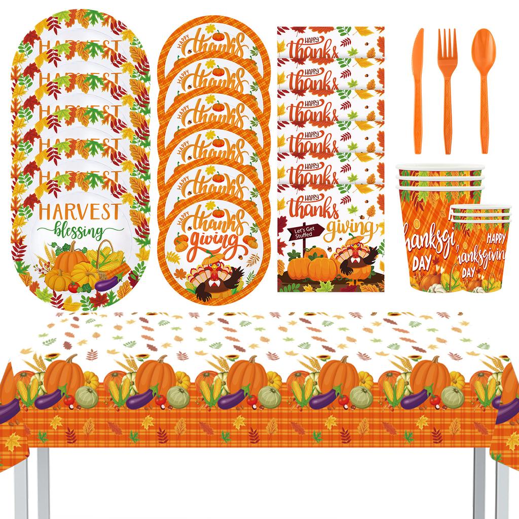 Pumpkin Thanksgiving Theme Party Tableware Set Disposable Paper Plate Paper Cup Paper Towel Pe Tablecloth Knife Fork Spoon