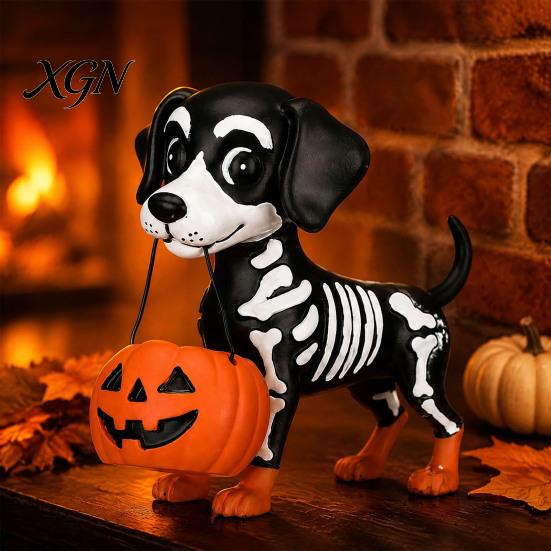 Milchtee Geist Geschenk Halloween Figur, Niedliche Lese Statue, Ornament mit Harz Sammlerstück Kürbis Eimer, Skelett Welpe Tischdeko