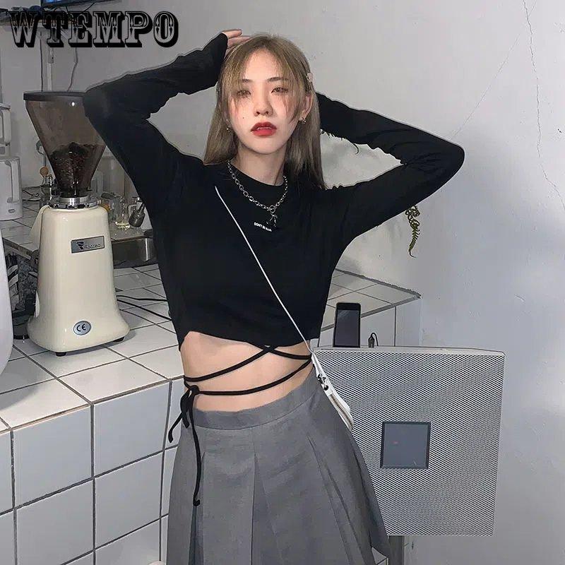 Langarm T-Shirts Frauen Cropped Ins Prevalent Bandage Tops Harajuku Ulzzang Street Spring Girl Causal Slim Shirts