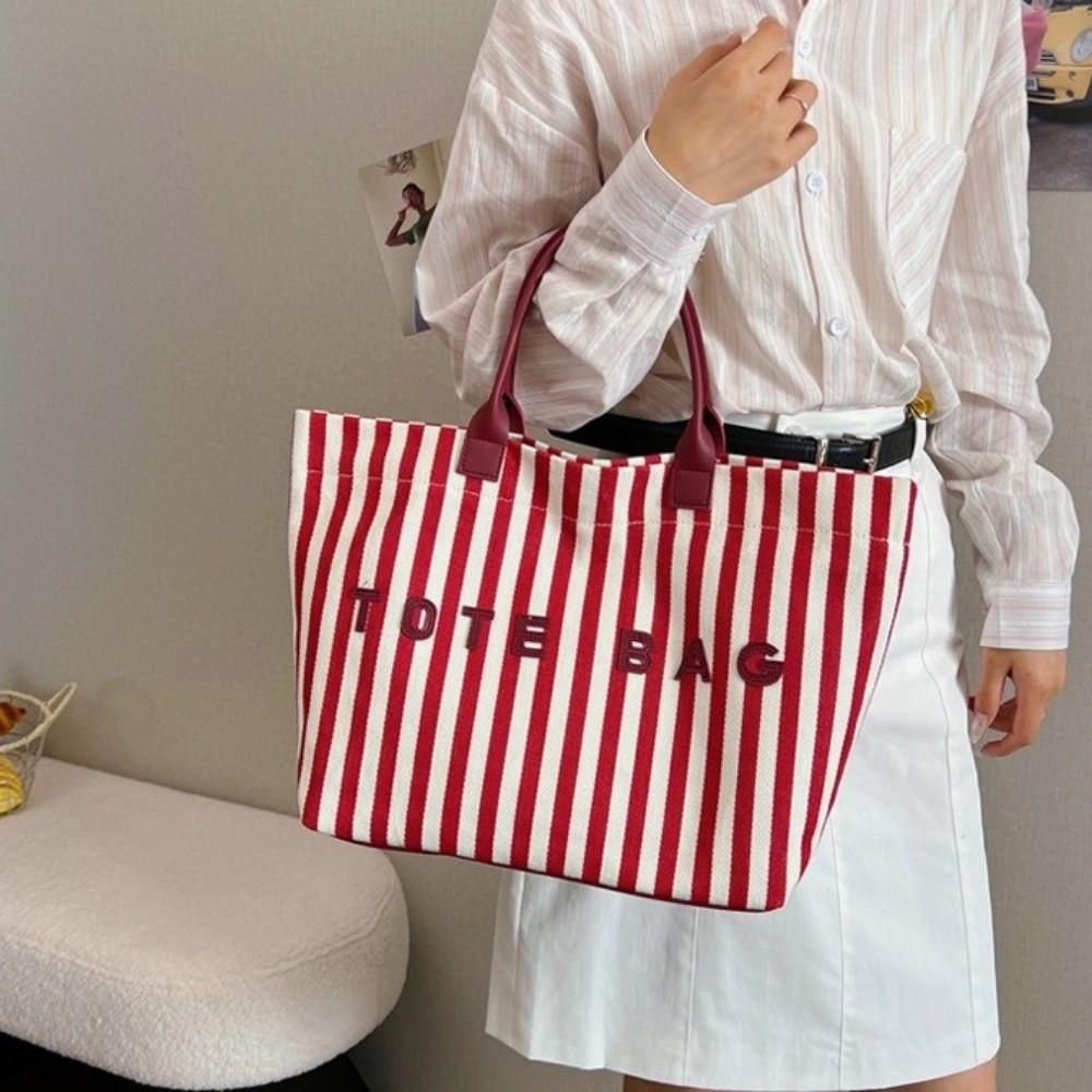 Striped Women's Handbag Large Capacity Shoulder Bag Casual Striped Canvas Tote Bag Beach
