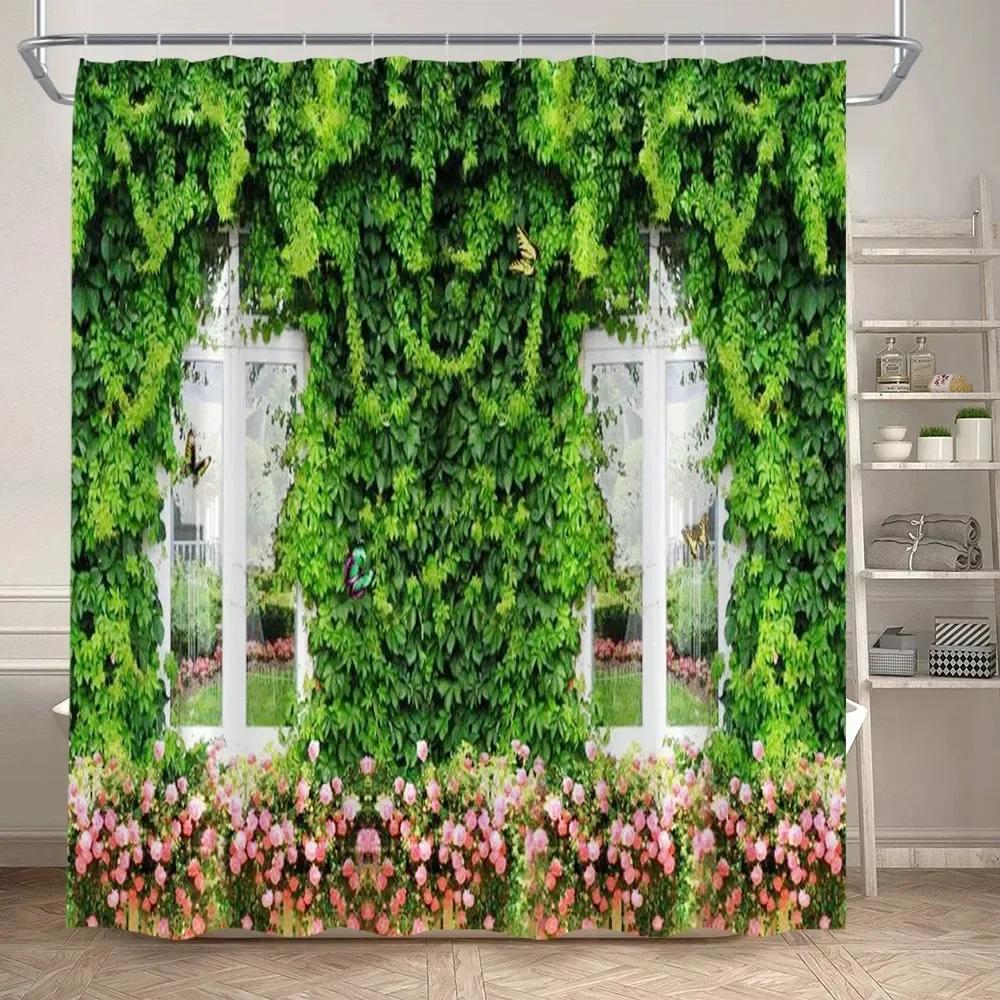 Fence Flowers Shower Curtains Blue Window Nature Floral Plants Scenery Modern Garden Wall Hanging Home Bathroom Decor With Hooks