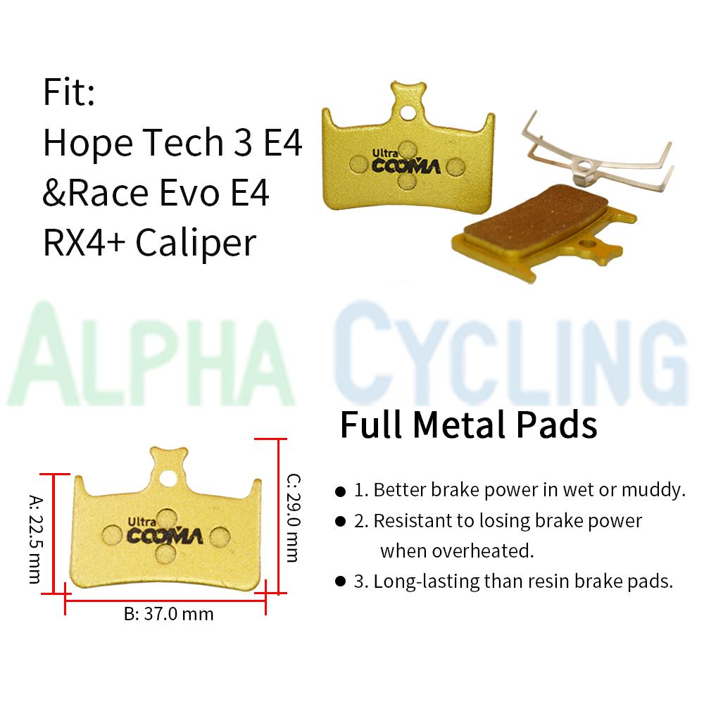 Bicycle Disc Brake Pads for Hope Tech Evo E4 RX4+ Hydraulic Caliper. 4 Pairs, Gold Full Metal