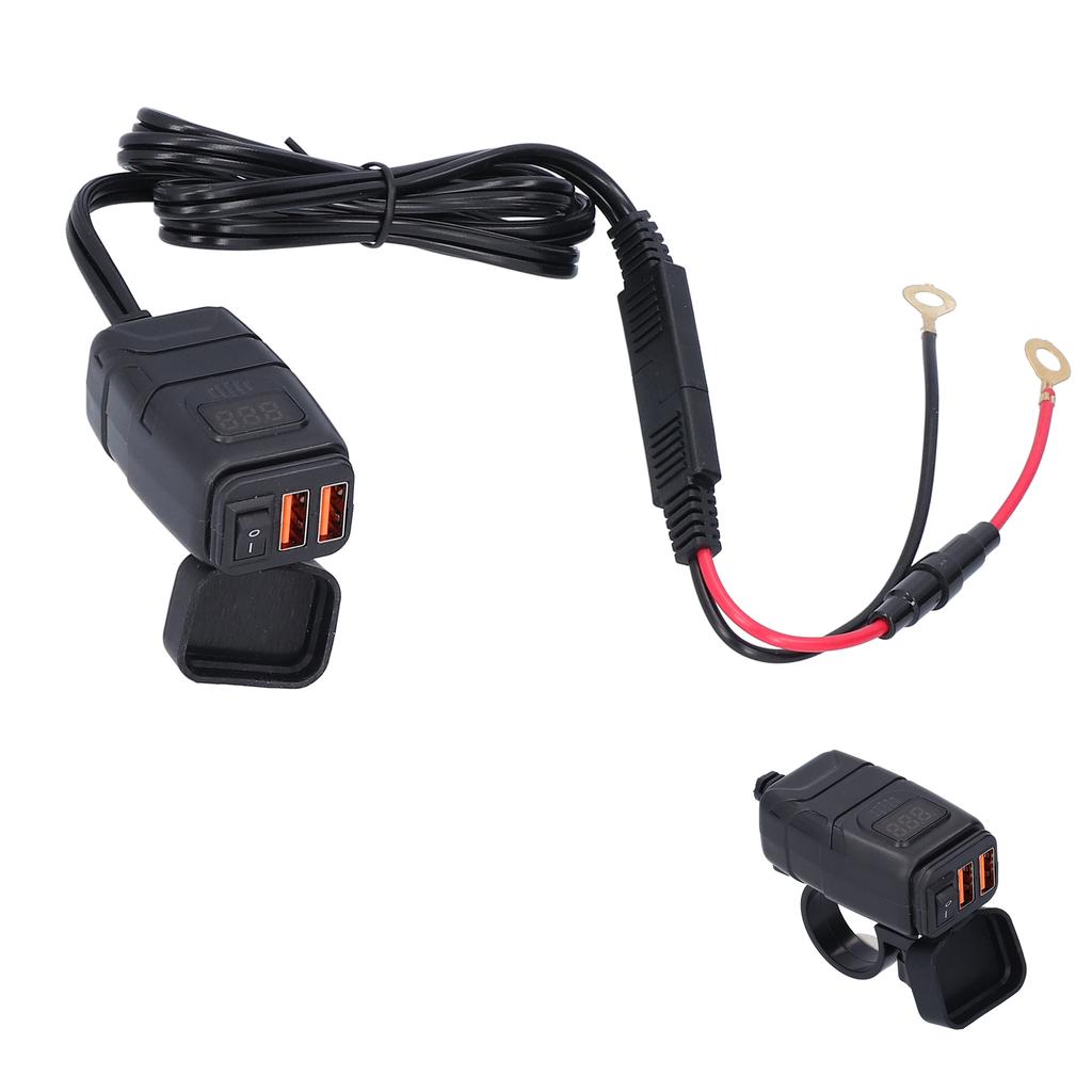Motorcycle Charger QC3.0 Dual USB Waterproof Power Supply Adapter with Voltmeter On Off Switch
