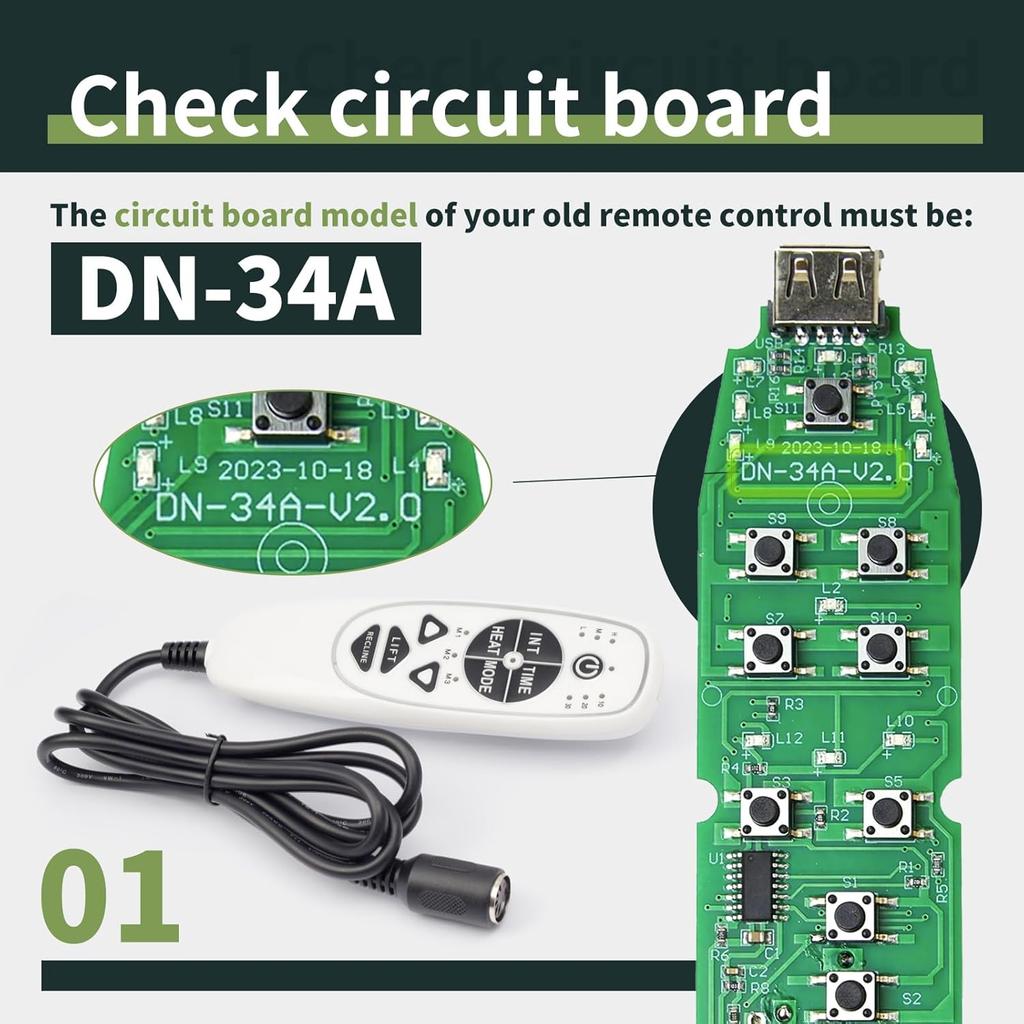 5 Pin Female Plug DN-34A 9 Button Recliner Remote Controller for Heat Vibration & Up/Down, 3 Vibration Mode & 3 Massage Time Option with 1 USB
