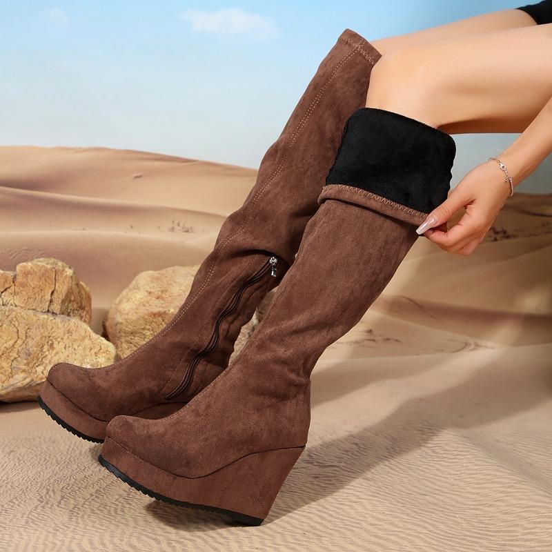 Side Zipper Women's Boots Retro Brown Flock High Heels Autumn Winter Platform Wedges Height Increasing Modern Boots Women Shoes