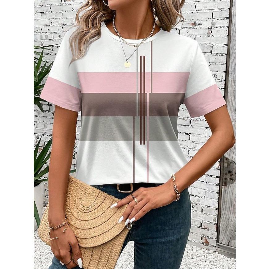 3D Print T Shirt Summer Fashionable Tee Minimalist Pattern Women's T Shirt Round Neck Short Sleeved Top