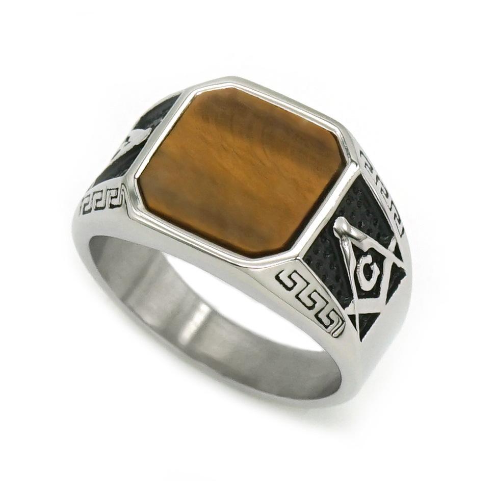 Ring New Golden Classic Retro Ring Frosted Lapis Lazuli Rough Stone Freemasonry AG Men's Ring