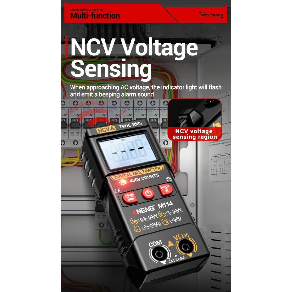 ANENG M114 Smart Multimeter 600V AC/DC Voltmeter 4000 Counts NCV Resistance Tester with Buzzer Data Hold Auto Shutdown
