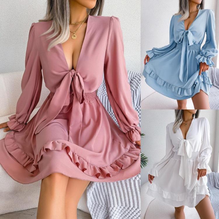 Summer Women Dress High Waist Big Swing Solid Color Lace Up Wooden Edge Elegant Fashion
