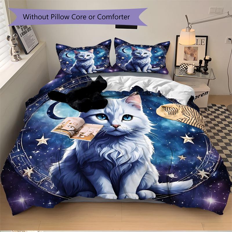 3pcs Starry Cat Design Bedding Set - Includes Quilt Cover and Pillowcases, Suitable for All Seasons, Machine Washable - Ideal Gift for Famil