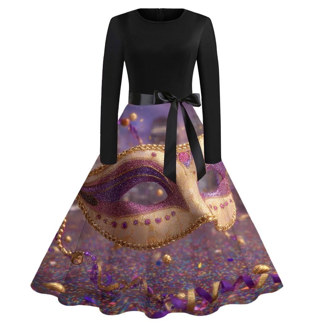 Damen Casual Mode Rundhals Karneval Bedrucktes Vintage Kleid