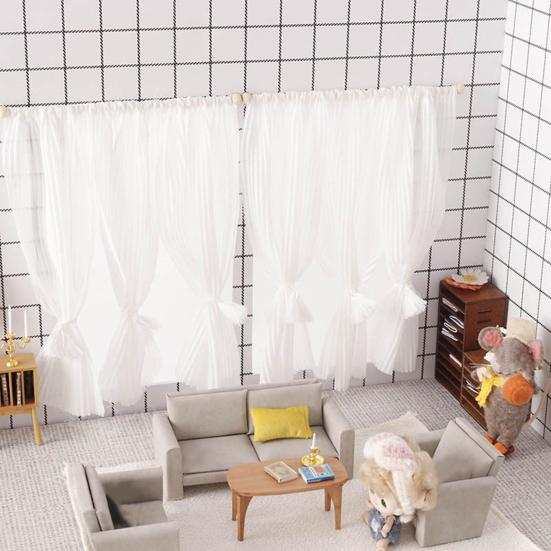 Miniature Curtains Doll Mansion White Window Shades 1:12 Scale Miniature Pleated Curtains with Rod for Dolls Bedroom Accessories