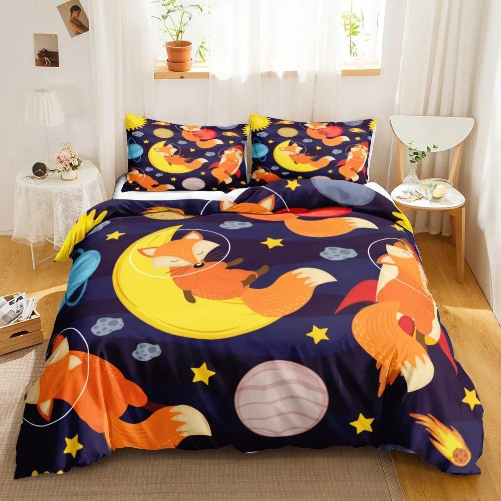Cartoon Fuchs Bettwäsche Set Niedlicher Fuchs mit Blume Feder Stirnband Bettbezug Einzelbett Doppelbett Queen-Size King-Size Polyester Bettbezug Mädchen Jungen
