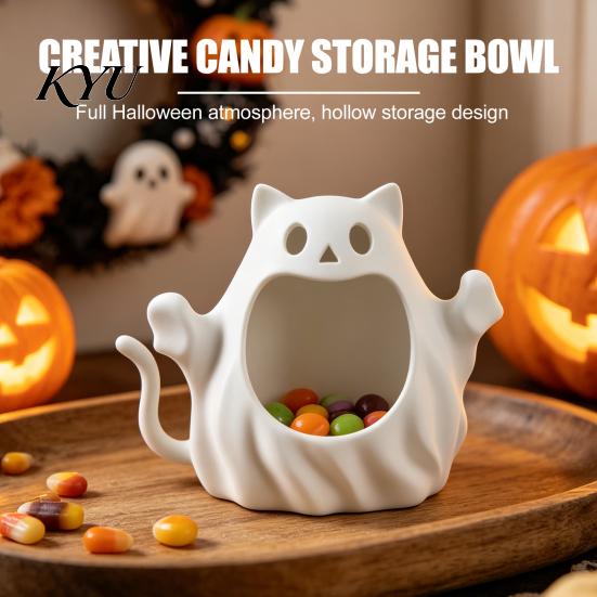 Small Accessory Organizer 3D Printed Halloween Ghost Cat Storage Holder, Decorative Kitten Statue with Niche Party Supplies Hollow Storage,