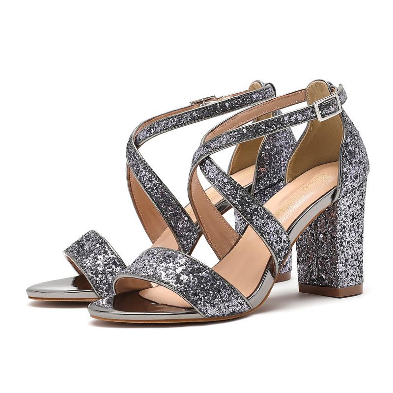 

Туфли на высоком толстом каблуке с круглым носком, с пайетками, ремешком на одно слово, ремешком с перекрестной пряжкой, пустые, простые, модные, женские сандалии с открытым носком, золото и серебро 43 серый