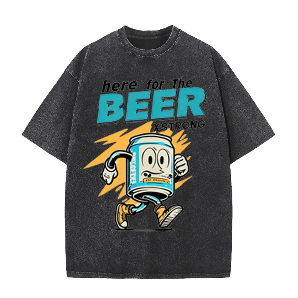 2026 Here For The Beer Retro Cartoon Can Print Unisex T Shirt Vintage Washed Short Sleeve Casual Streetwear Party Tee