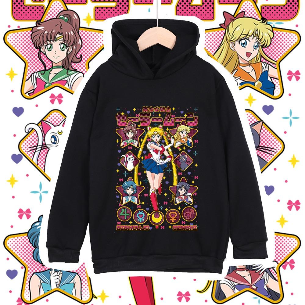 Kinder Anime Baumwoll-T-Shirt Sailor Moon Charaktere Aufdruck Unisex Hoodie Sweatshirt für Jungen Mädchen 100-160cm Höhe