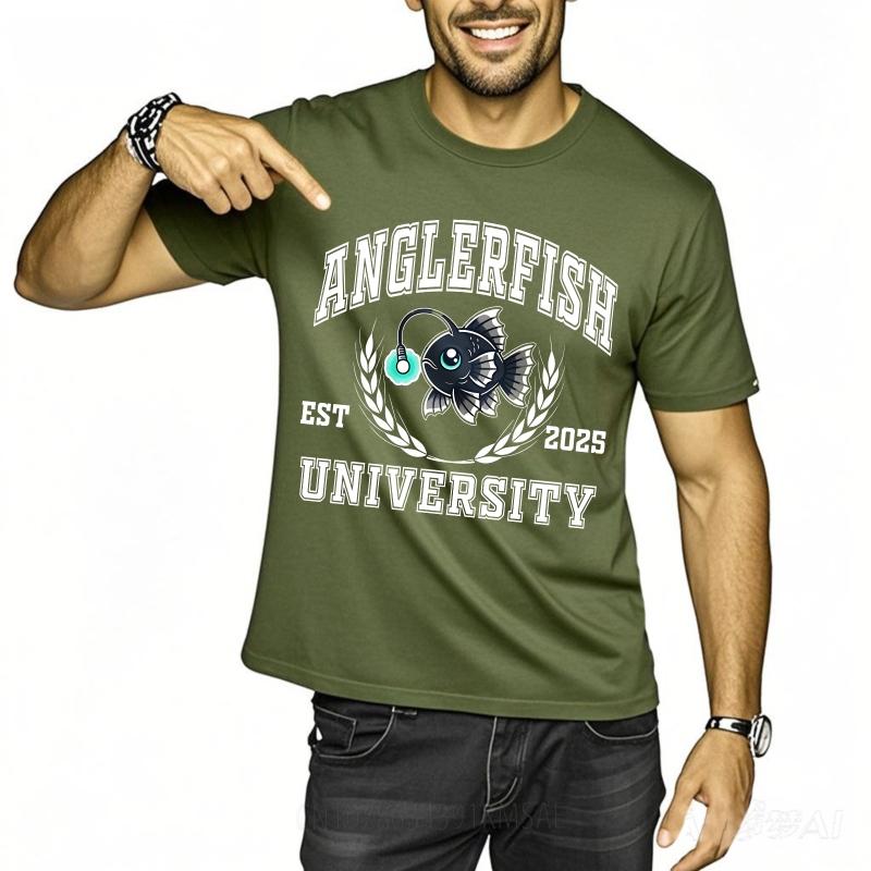 Fashion Summer Man Tshirt Anglerfish University Est 2025 Fish Emblem Short Sleeve Relaxed Fit Round Neck Tshirt Teeshirt Male