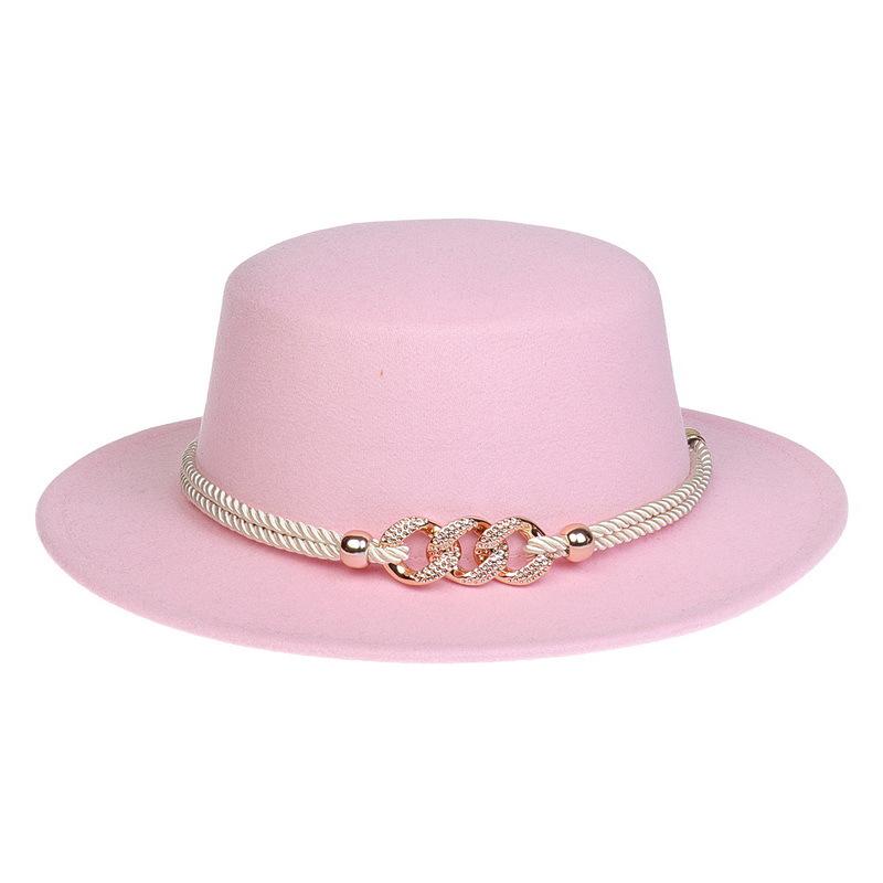 Women's Wool Felt Flat Top Fedora Hat - French Autumn/Winter Retro Style with Chain