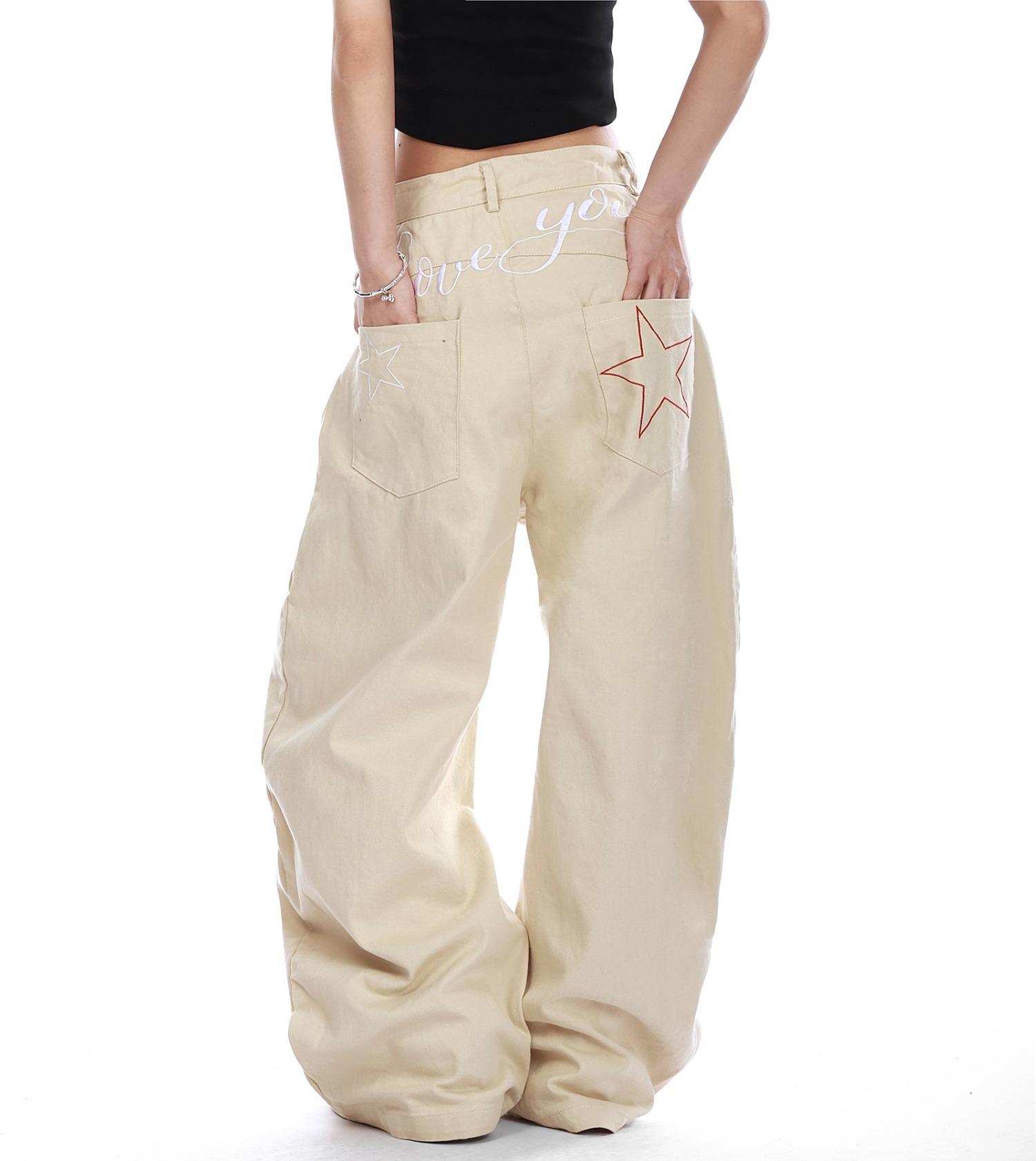 

2025 Spring/Autumn Unisex Star Embroidered Wide-Leg Scimitar Jeans S хакі