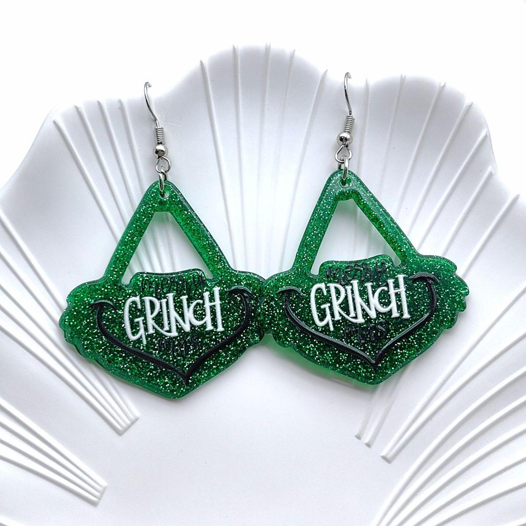 Grinch Green Monster Acrylic Earrings with Love Heart Accents