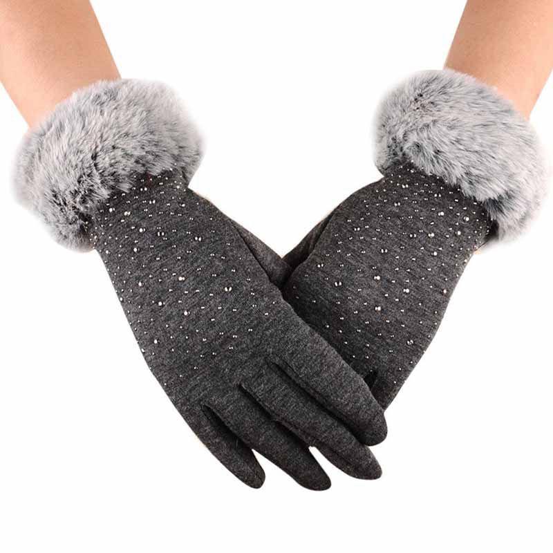 Winter Womens Fashion Outdoor Sport Warm Fur Crystal Thick Finger Mittens Gloves