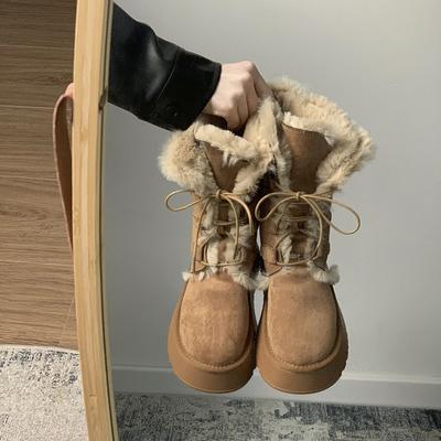 Retro Winterstiefel aus echtem Leder mit integriertem Fell für Damen 2025 Winter neue dicksohlige, gefütterte, rutschfeste Baumwollschuhe