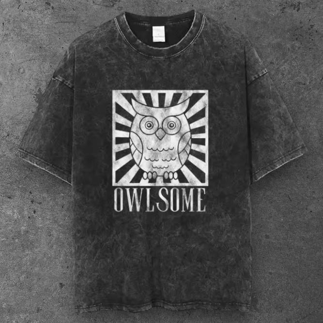 Mens Owl Sunburst Oversized T Shirt Acid Washed Black Y2K Streetwear S-3XL S разноцветный