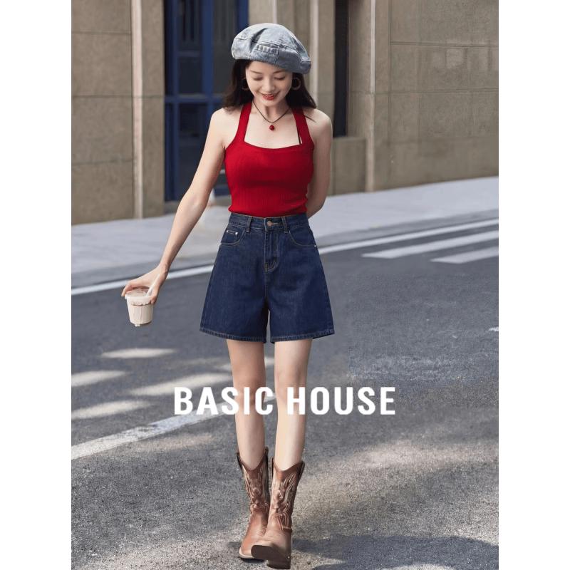 Basic House Women s Retro High-Waist Wide-Leg Denim Shorts XL